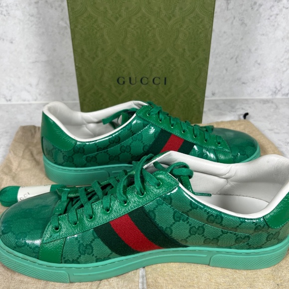 Gucci ACE GG Green Crystal coated canvas trainers. - Picture 10 of 15
